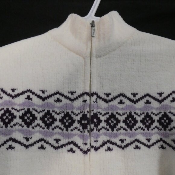 DENVER HAYES | small | Ivory Chenille Zip-Up Cardigan with Purple Pattern | NWOT - Picture 4 of 14
